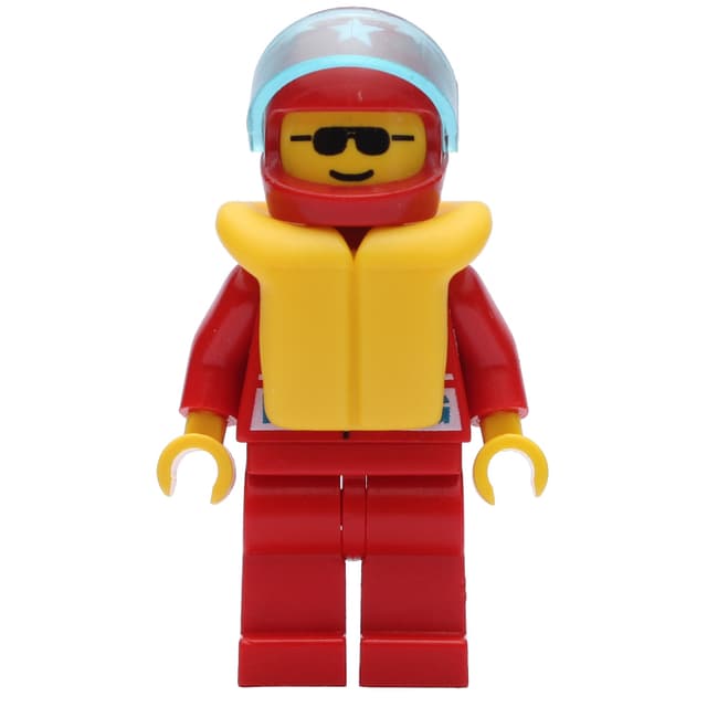 Racer, Red Jacket with Octan Logo and 'RACING', Red Legs, Red Helmet with Star and Visor, Yellow Life Vest, Sunglasses