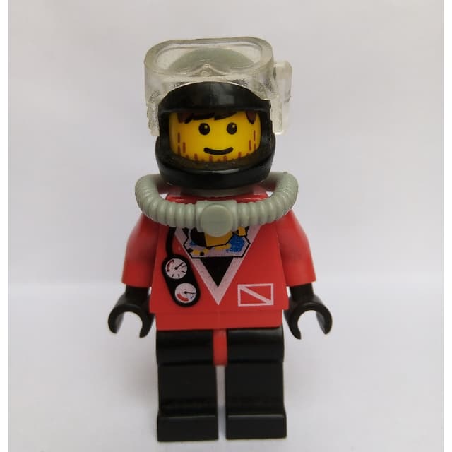 Diver, Man, Red Wetsuit, Black Helmet with Mask, Airtank, Stubble