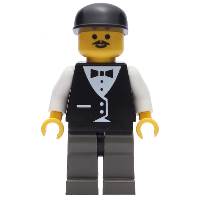 Man, Black Vest over White Shirt with Tie, Dark Gray Legs, Black Cap, Moustache