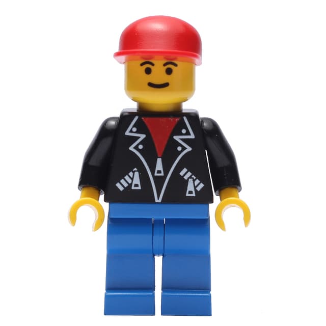 Man, Open Black Jacket over Red Shirt, Blue Legs, Red Cap