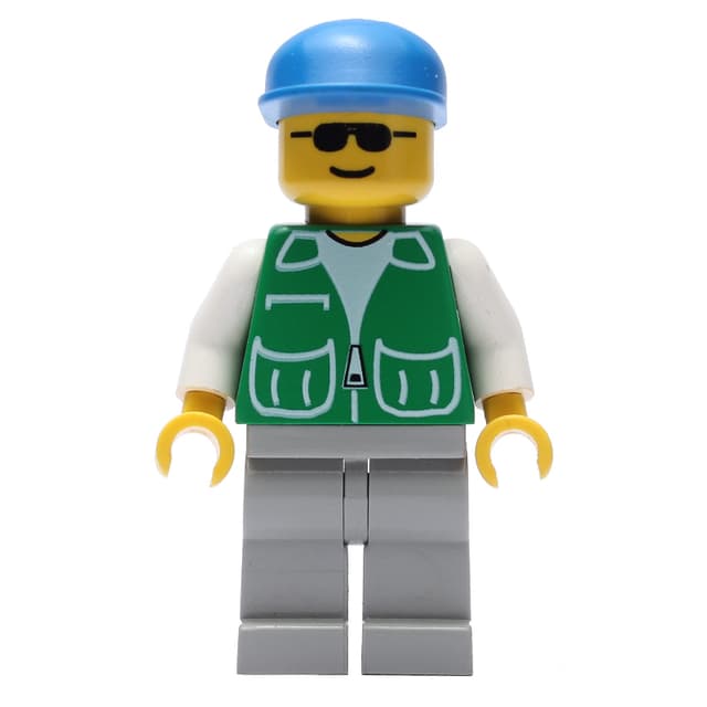 Man, Green Jacket, Light Gray Legs, Blue Cap, Sunglasses