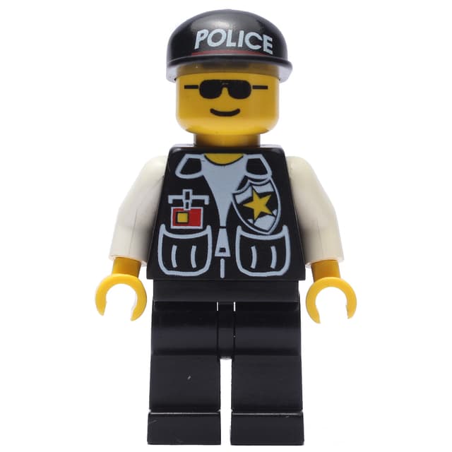 Policeman, Black Vest with Badge and Pockets, Black Cap with 'POLICE', Sunglasses