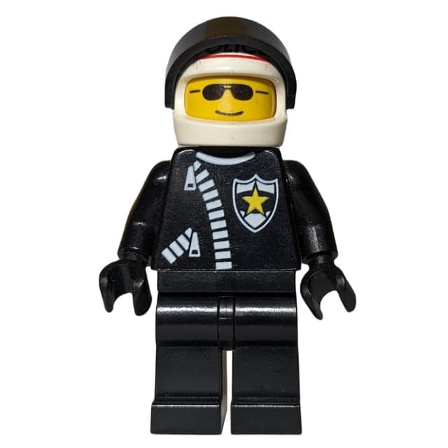 Policeman, Black Jacket with Zipper and Badge, White Helmet with 'POLICE' and Black Visor, Sunglasses