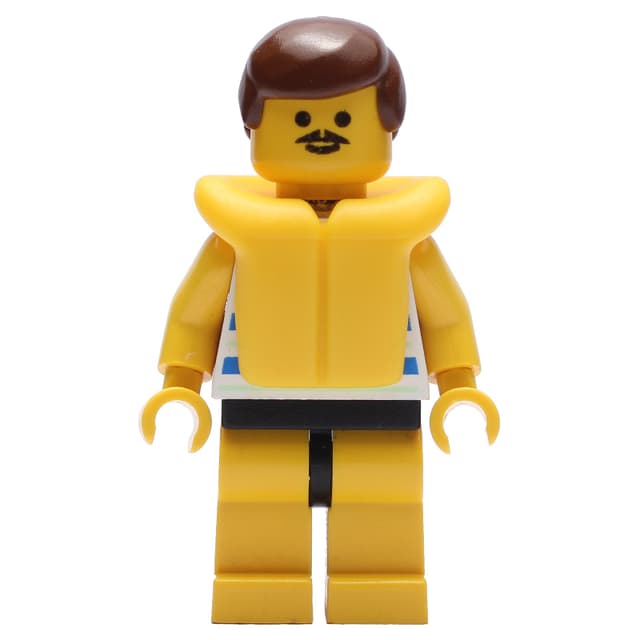 Man, Blue and White Striped Swimsuit, Brown Hair, Yellow Life Vest, Moustache