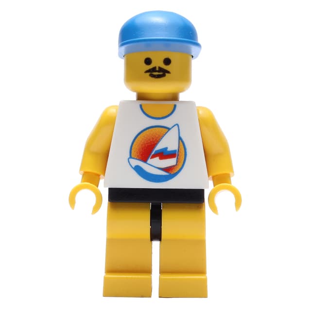 Man, White Tank Top with Windsurfer, Yellow Legs, Blue Cap, Moustache