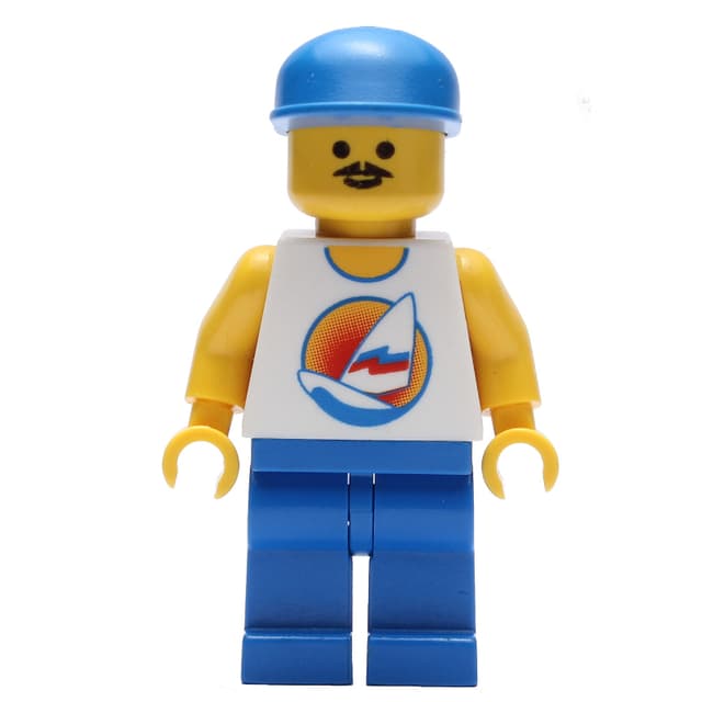 Man, White Tank Top with Windsurfer, Blue Legs, Blue Cap, Moustache