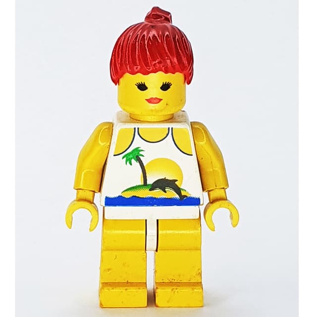 Woman, White Swimsuit with Desert Island and Dolphin, Red Hair