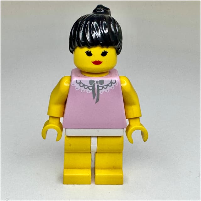 Woman, Pink Top with Lace Collar, Yellow Legs, Black Hair