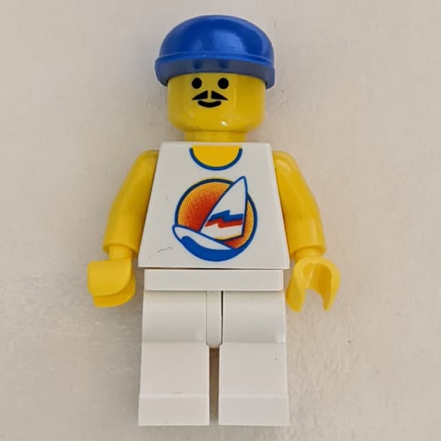 Man, White Tank Top with Windsurfer, White Legs, Blue Cap, Moustache