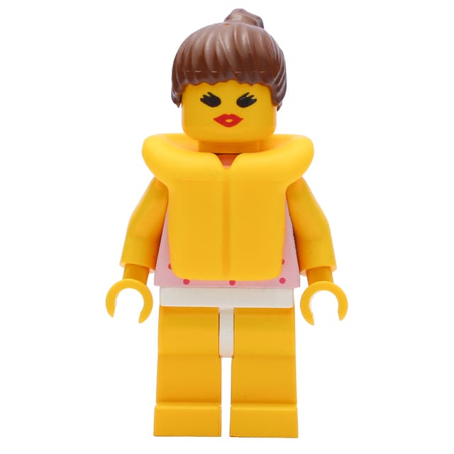 Woman, Pink Top with Spots, Yellow Legs, Brown Hair, Yellow Life Vest