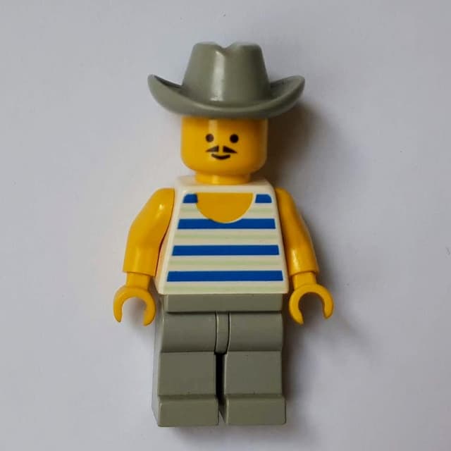 Man, Blue and White Striped Tank Top, Light Gray Cowboy Hat, Moustache