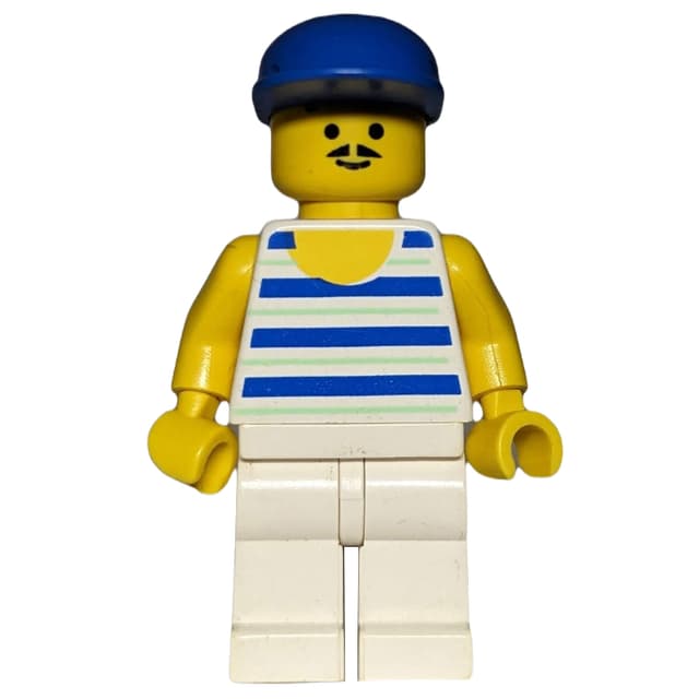 Man, Blue and White Striped Tank Top, Blue Cap, Moustache