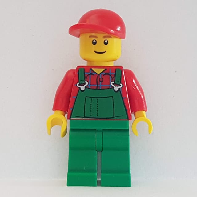 Man, Green Overalls over Red Shirt, Red Cap, Brown Eyebrows, Reddish Brown Eyebrows