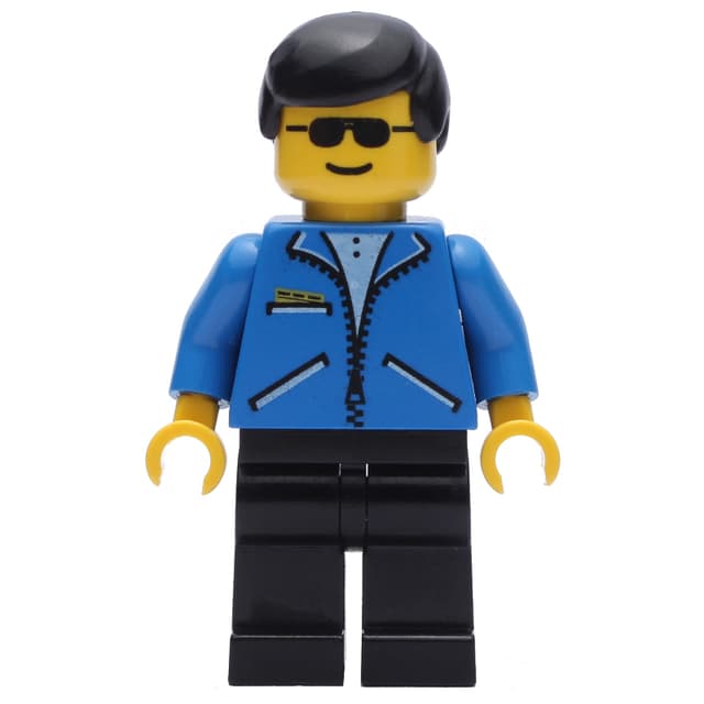 Man, Open Blue Jacket with Zipper, Black Legs, Black Hair, Sunglasses