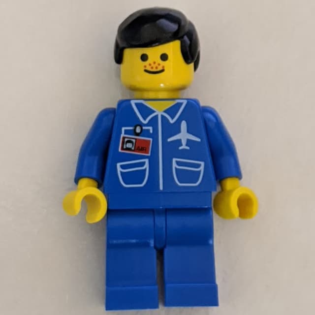Ground Crew, Blue Jumpsuit with Plane and ID Badge, Black Hair