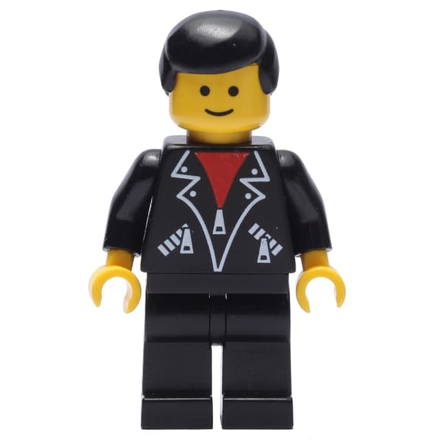 Man, Open Black Jacket over Red Shirt, Black Legs, Black Hair