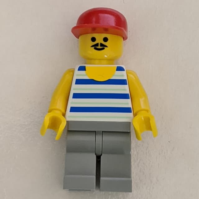 Man, Blue and White Striped Tank Top, Red Cap, Moustache