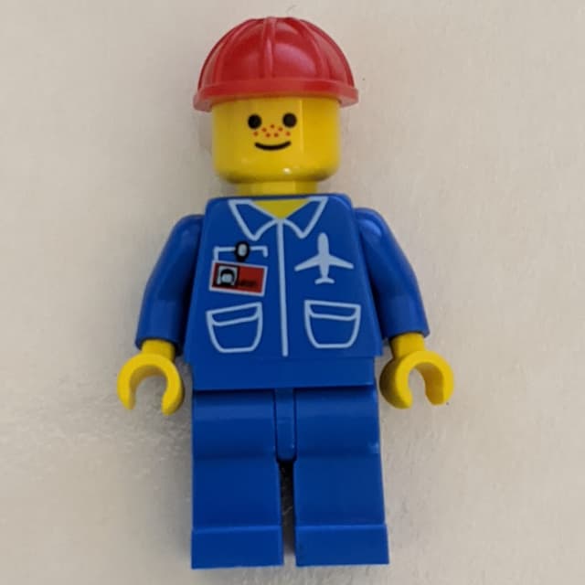 Ground Crew, Blue Jumpsuit with Plane and ID Badge, Red Hard Hat