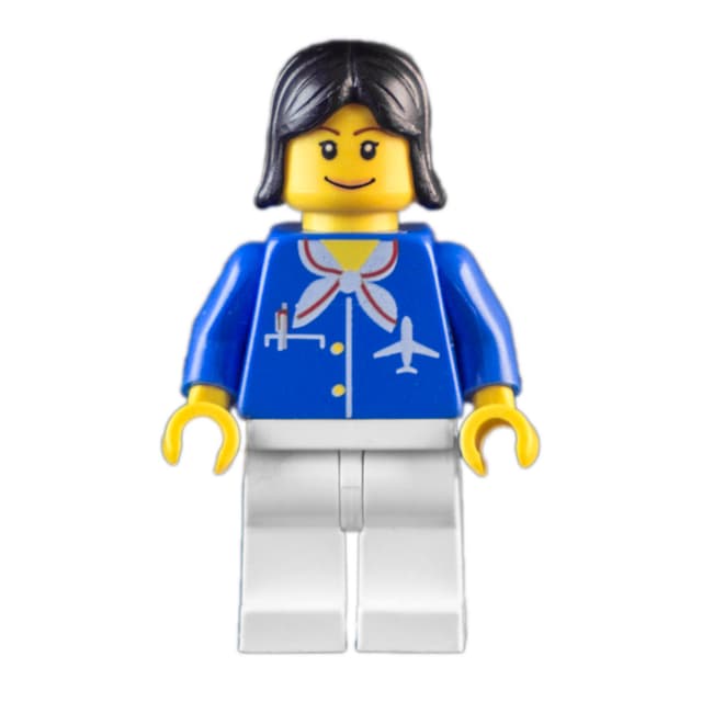 Airline Worker, Woman, Blue Jacket with Plane Logo and White Scarf, White Legs, Black Hair, Pink Lips