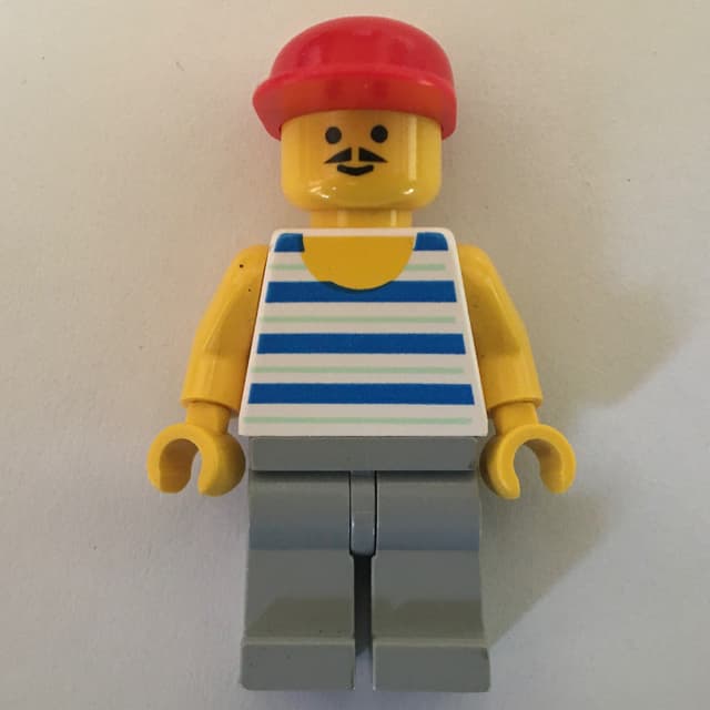 Man, Blue and White Striped Tank Top, Light Gray Legs, Red Cap, Moustache