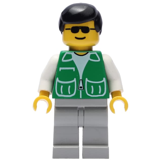 Man, Green Jacket, Light Gray Legs, Black Hair, Sunglasses