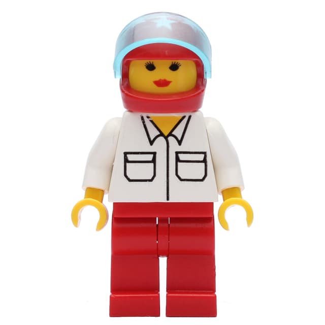 Woman, White Shirt with Pockets, Red Legs, Red Helmet with Stars and Visor