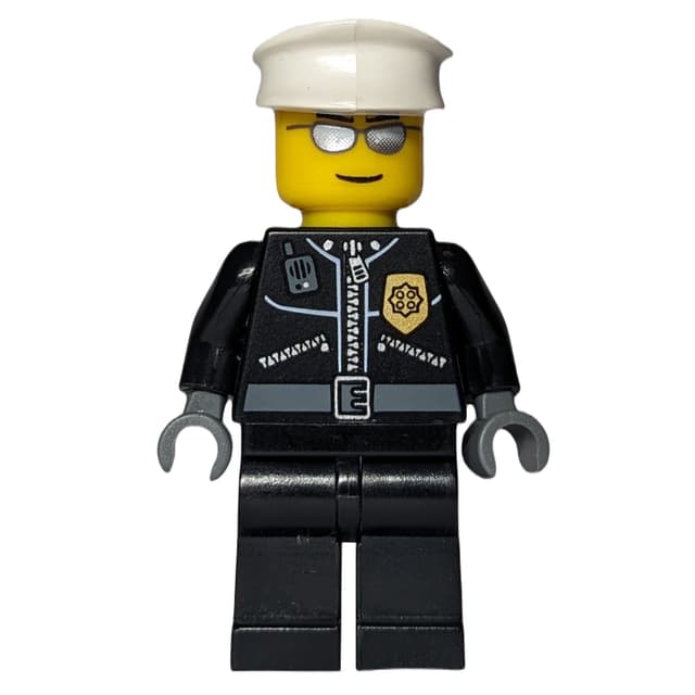 Policeman, Black Jacket with Zipper and Badge, White Hat, Silver Sunglasses