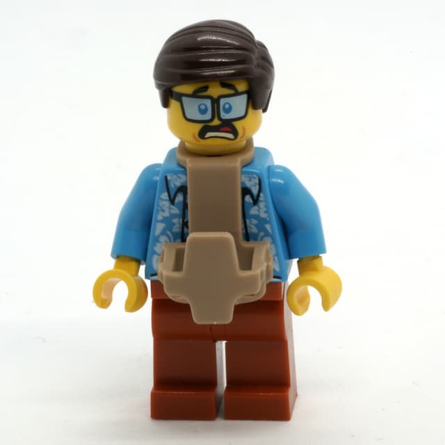 Man, Open Dark Azure Hawaiian Shirt, Dark Orange Legs, Dark Brown Hair, Baby Carrier