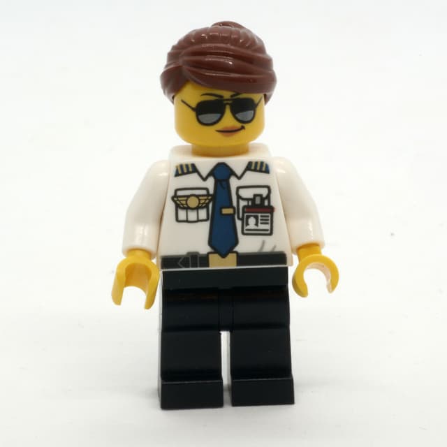 Pilot, Woman, White Shirt with Tie and Wings Badge, Black Legs, Reddish Brown Hair, Sunglasses