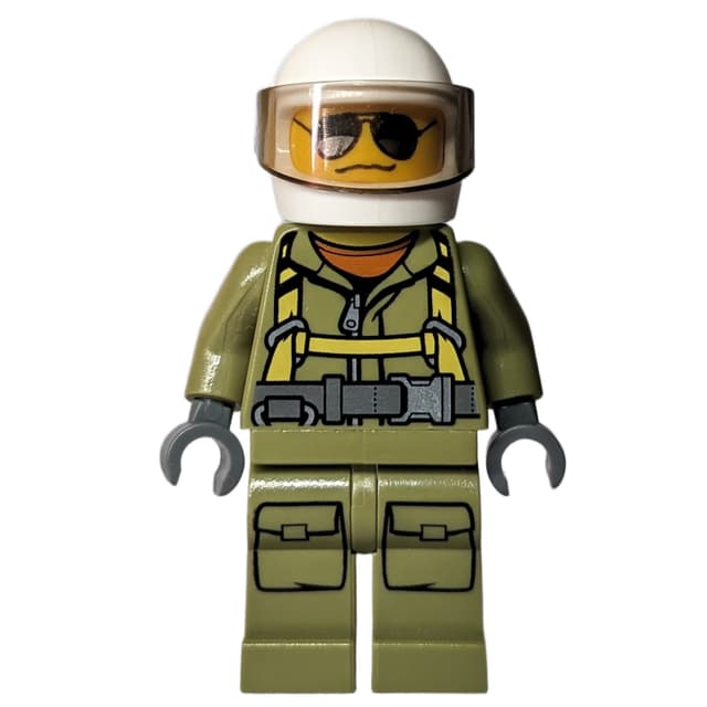 Volcano Explorer, Man, Olive Green Jumpsuit with Straps, White Helmet with Visor, Sunglasses