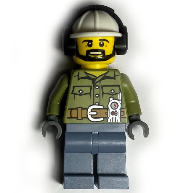 Volcano Explorer, Man, Olive Green Shirt, White Hard Hat with Ear Defenders, Beard