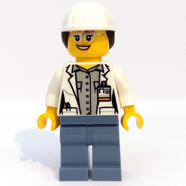 Volcano Explorer Scientist, Woman, Open White Lab Coat, Sand Blue Legs, White Hard Hat with Hair