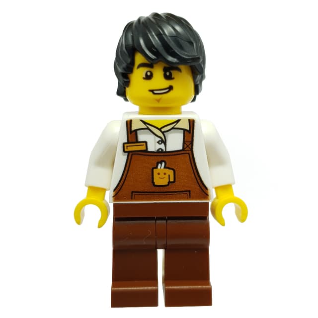 Barista, Man, White Torso, Reddish Brown Apron, Black Hair