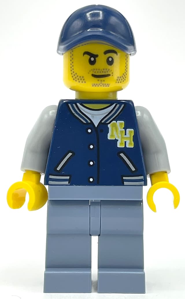 Man, Dark Blue Letterman Shirt with 'NH', Sand Blue Legs, Dark Blue Cap, Stubble