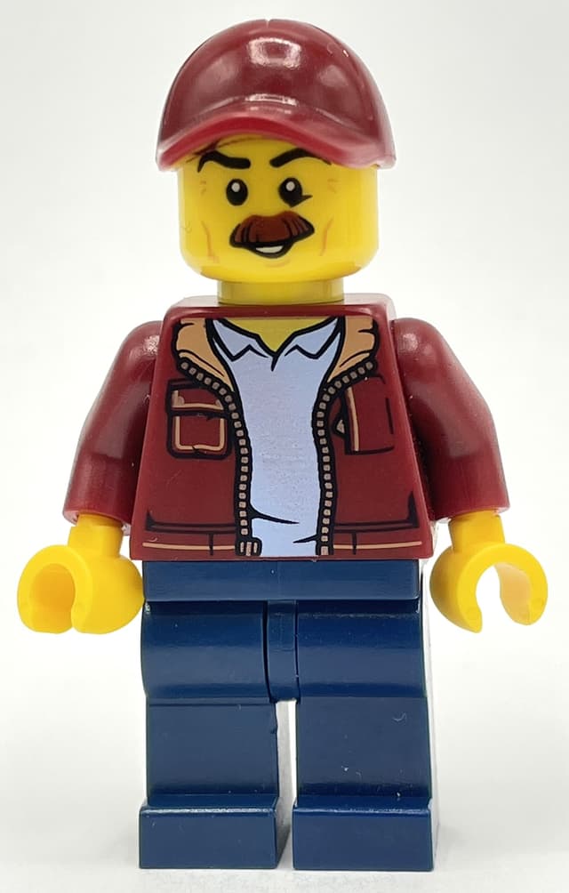 Man, Open Dark Red Jacket, Dark Blue Legs, Dark Red Cap, Moustache