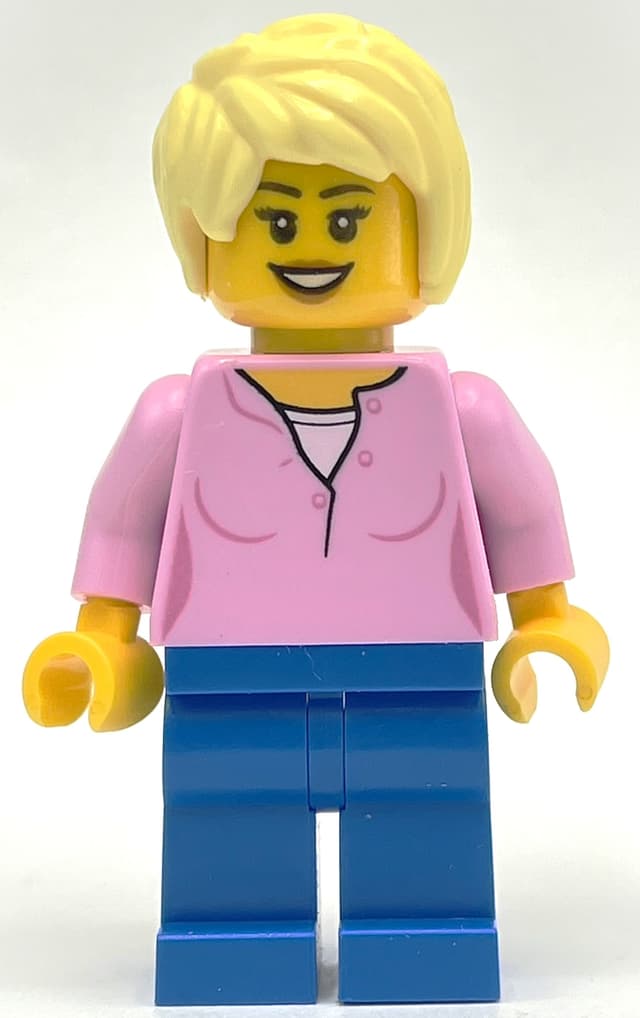 Woman, Bright Pink Top, Blue Legs, Bright Light Yellow Hair