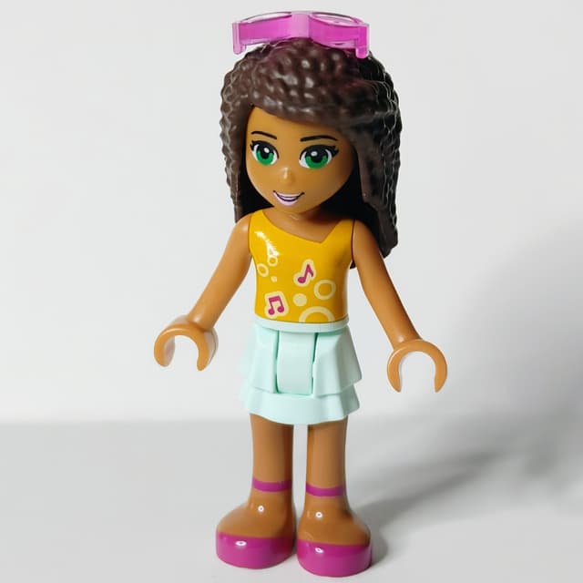 Andrea - Bright Light Orange Top, Light Aqua Skirt, Sunglasses