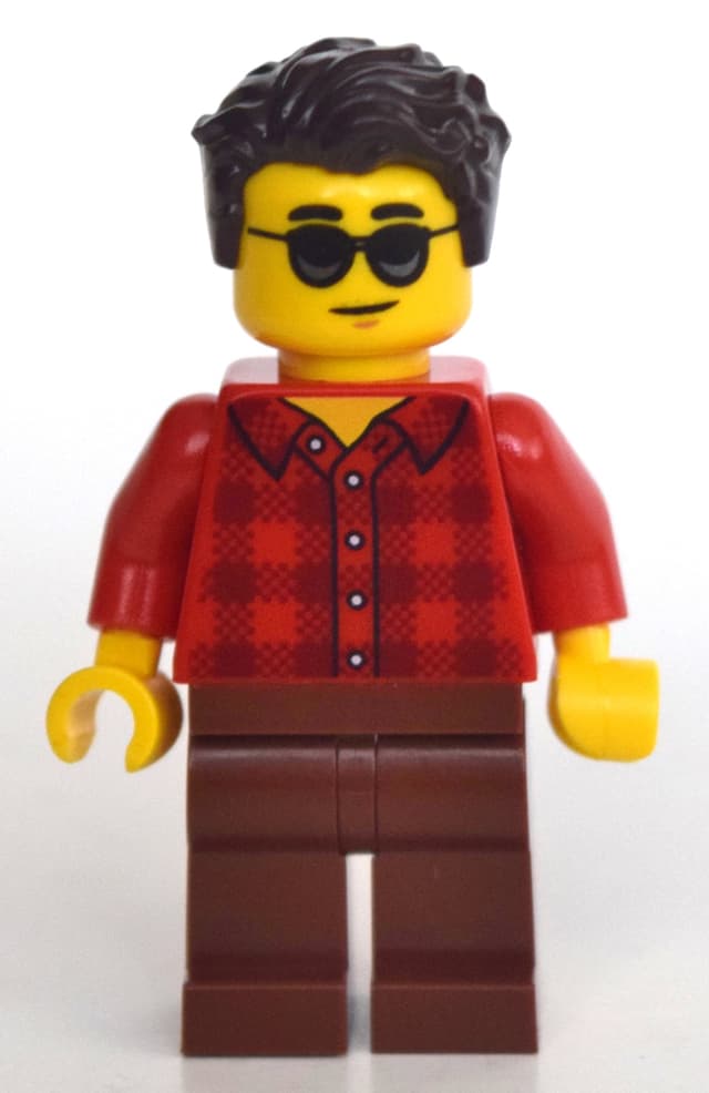 Man, Red Plaid Shirt, Reddish Brown Legs, Sunglasses, Dark Brown Hair