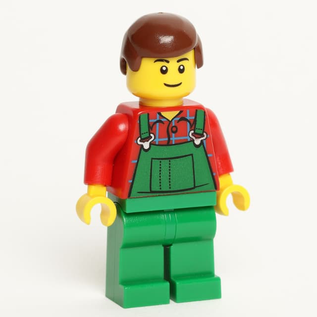 Man, Green Overalls over Red Shirt, Reddish Brown Hair, Black Eyebrows