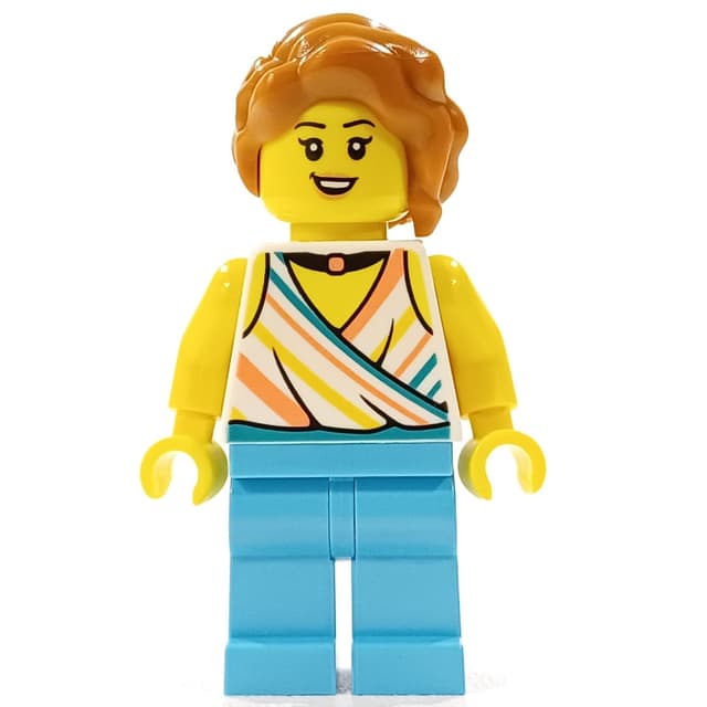 Woman, White Top, Medium Azure Legs, Dark Orange Hair