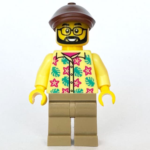 Man, Bright Light Yellow Hawaiian Shirt, Dark Tan Legs, Reddish Brown Flat Cap