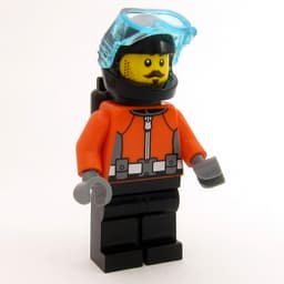 Aaron Apnea, Diver, Reddish Orange Wetsuit, Black Legs, Black Helmet, Moustache